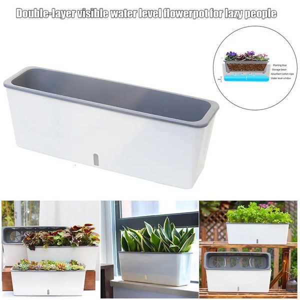 Duplo preguiçoso vasos de flores auto rega plantador longo retangular bacia agrícola para jardim interior ao ar livre decorativo 240320