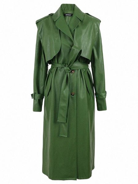 Nerazzurri Herbst Lg Cool Green Pu Leder Trenchcoat für Frauen SES Einreiher Stilvolle Luxus Designer Kleidung 2022 s0xD #