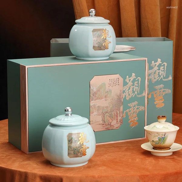 Conjuntos de chá pintados à mão pote de cerâmica caixa de presente de chá embalagem vazia pu 'er branco preto jinjun mei