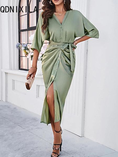 Vestidos casuais primavera verão em mulheres com decote em v único breasted flor bud saia elegante rendas até cintura verde vestido longo mulheres 2024