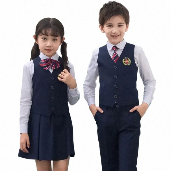 Saia Calças Colete Colete Gravata Roupas Set Student Outfit Suit Kid Coreano Uniforme Escolar Japonês para Menino Menina Camisa Branca Marinha w2SE #