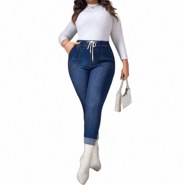 Jeans femininos plus size com cintura elástica, jeans casuais, qua, cordão elástico, bainha enrolada, jeans skinny B9am #