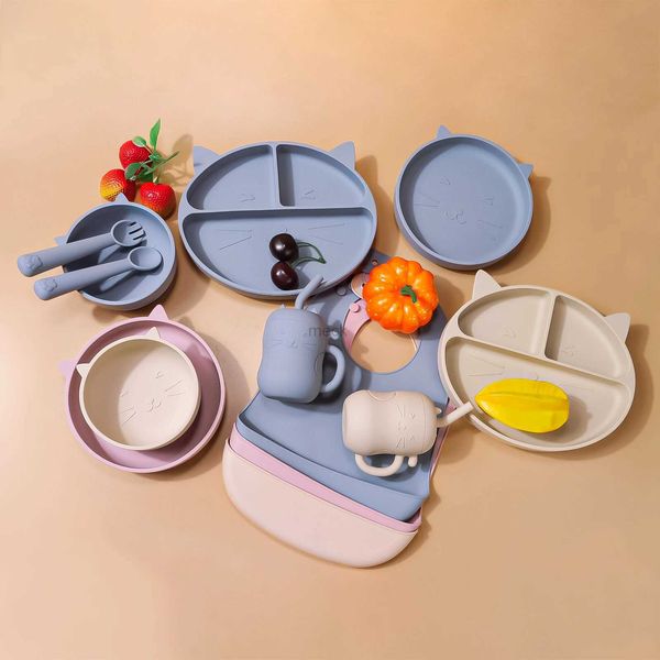 Copos Pratos Utensílios 7 unidades / conjunto Conjunto de colher de prato de silicone para bebê Alimentação de bebê Tigela de silicone Pratos para bebês BPA Free Silicone Talheres portáteis para crianças 240329