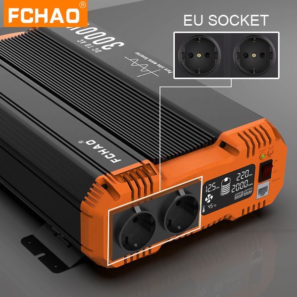 FCHAO 1KW 2KW 3KW Inversor de onda senoidal pura DC 12V 24V para AC 230V Transformer Power Converter Inverter de carro solar com LCD para RV