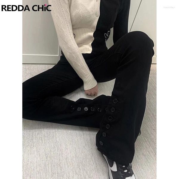 Jeans da donna REDDACHiC spacco laterale nero svasato pantaloni termici da donna elasticizzato donna inverno caldo leggings collant in pile donna streetwear