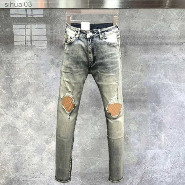 Мужские джинсы-зауженные брюки, мужские мотоциклетные брюки, джинсы, мужские ультратонкие эластичные джинсовые голубые гибкие джинсы с рваными складками, джинсыL2403