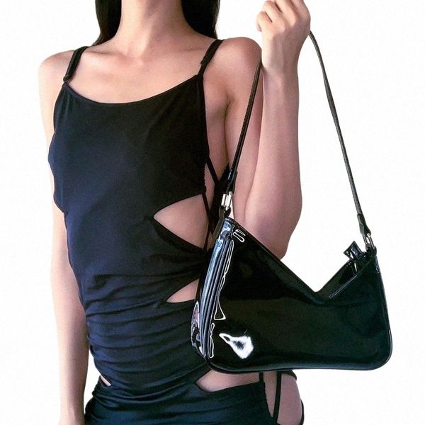 Vintage Frauen Schwarz Lackleder Unterarm Umhängetasche Fi Design Unregelmäßigkeit Weiche PU Handtaschen Casual Glossy Totes X9Wa #