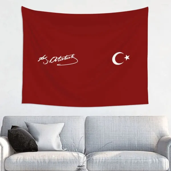 Wandteppiche, Atatürk-Signatur mit türkischer Flagge, für Bettwäsche, Türkei-Führer, Hippie-Wandbehang, Wandteppich, Heimdekoration