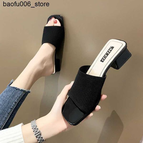 Sandali moda donna pantofole all'aperto moda estiva lavorato a maglia elastico tacco quadrato punta aperta sandali spessi Huaraches Mujer 2022 Q240330