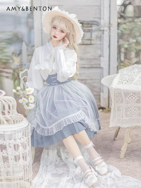 Abiti da lavoro Dolce e carino Abiti Lolita Donna Giapponese Kawaii Fiocco con lacci Lanterna Camicetta con maniche a rete Cuciture a rete Minigonna sottile Set a due pezzi