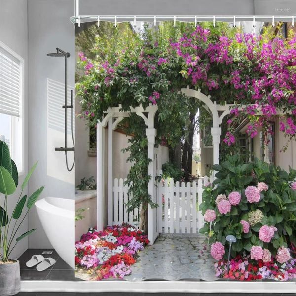 Cortinas de chuveiro jardim flores branco cerca porta verde videiras plantas florais naturais casa parede pendurado decoração do banheiro com ganchos