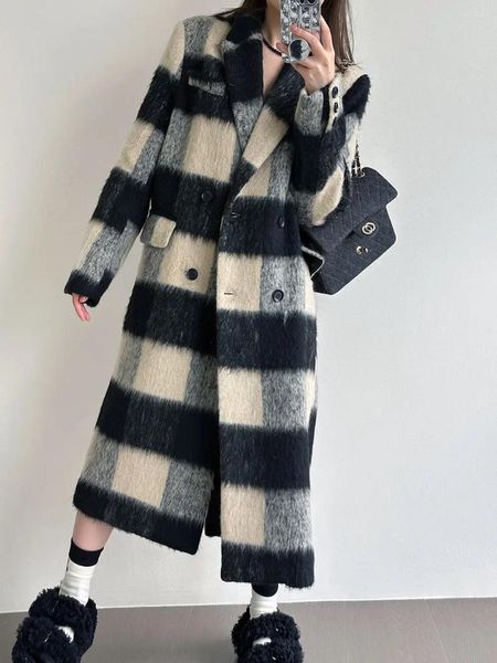 Frauen Jacken Wolle Große Plaid Lange Woolen Jacke Für 2024 Winter Produkt Koreanische Modische Anzug Strickjacke