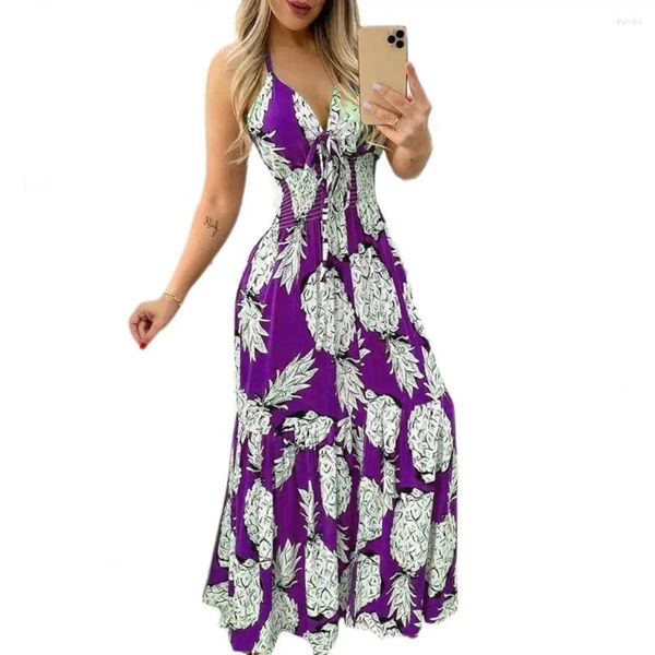 Vestidos casuais mulheres swing vestido floral impressão halter pescoço maxi para férias praia com elástico cintura alta design sem costas