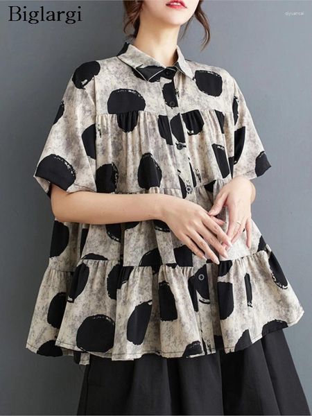 Damenblusen Chiffon Polka Dot Print Sommeroberteile Frauen Übergroße lose Rüschen Lässige Mode Plissee Damen Kurzarm Frau