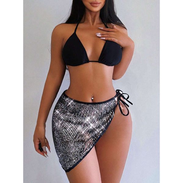 Yisiman 24 novo biquíni feminino sexy de três peças picante menina saia de lantejoulas roupa de banho