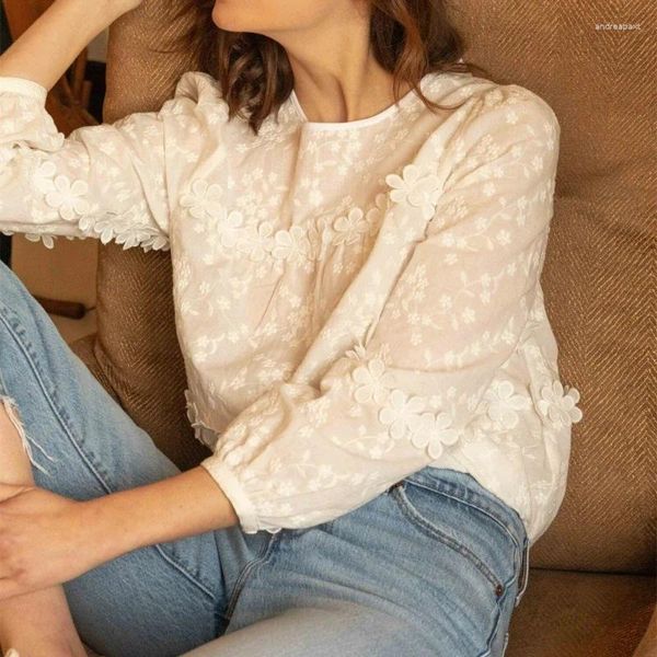 Blusas femininas 2024 outono branco tridimensional flor camisa bordada solta topo feminino manga longa