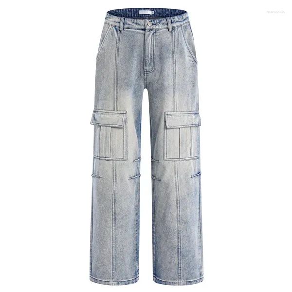 Herren Jeans Mode Vintage Übergroße Hip Hop Hose High Street Retro Cargo Denim Hose mit Taschen Loose Fit Y2k Hose