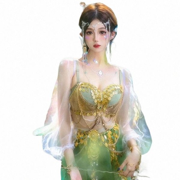 Noite de luxo Dr 2023 Dança Folclórica Chinesa Hanfu Green Elf Print Rave Party Stage Costume Festival Outfit Mulheres Adulto Fantasia 51gB #