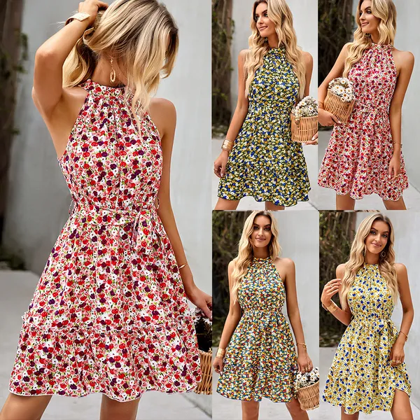 Vestidos casuais básicos wildpinky mulheres impressão mini vestido verão boho floral sem mangas halter feminino amarrar plissado festa de praia 230619