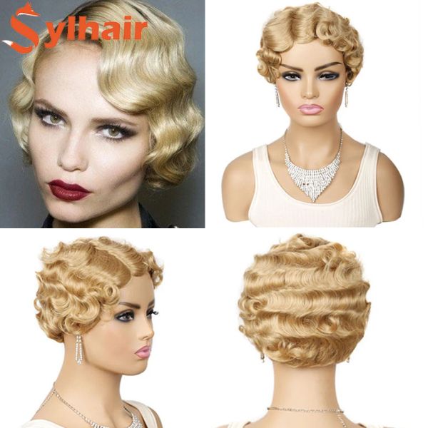 Perucas 1920's flapper penteados pixie corte peruca para mulheres dedo onda de água perucas estilo retro curto peruca sintética sylhair