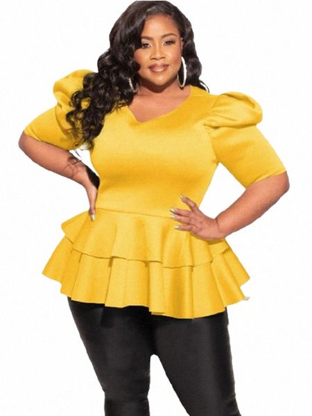 Плюс Размер 4XL Женские блузки Фонарики с короткими рукавами и оборками Топы для дам Офис 2023 Лето Желтые Фиолетовые африканские рубашки Fi g08C #