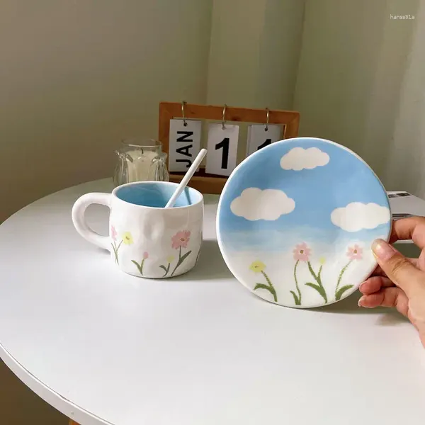 Caffettiere Sky City Cartoon Dipinto a mano Ins Wind Set tazza e piattino in ceramica impastata a mano Tè pomeridiano Tazza di alto valore