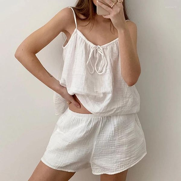 Casa roupas imcute feminino 2 peça conjunto de salão branco sem mangas amarrar cami topos perna larga shorts pijamas conjuntos y2k estética loungwear