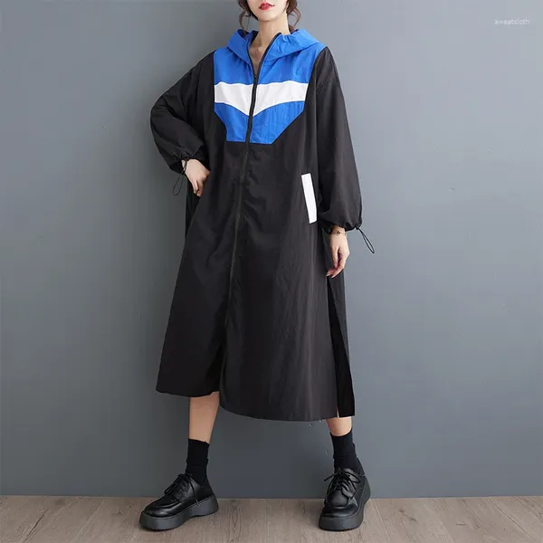 Damen-Grabenmäntel, Korea-Stil, Patchwork-Reißverschluss, mit Kapuze, schicke Dame, Herbst-Winter, dünn, Oberbekleidung, Street Fashion, Damen, Frühling, lässig