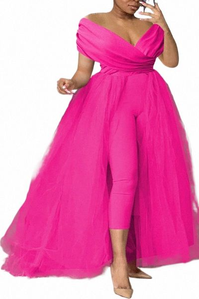 Plus Size Formal Casual One Piece Outfit Solid Off The Shoulder V-Ausschnitt Tüll Jumpsuit mit Tüllröcken P1Nq #