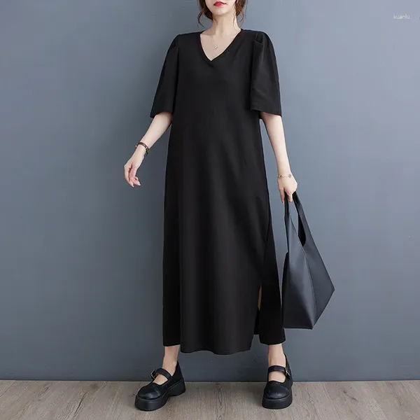 Casual Kleider 2024 Ankunft Korea Stil Offene Split Kurzarm Lose Sommer Kleid Schwarz Büro Dame Arbeit Mode Frauen