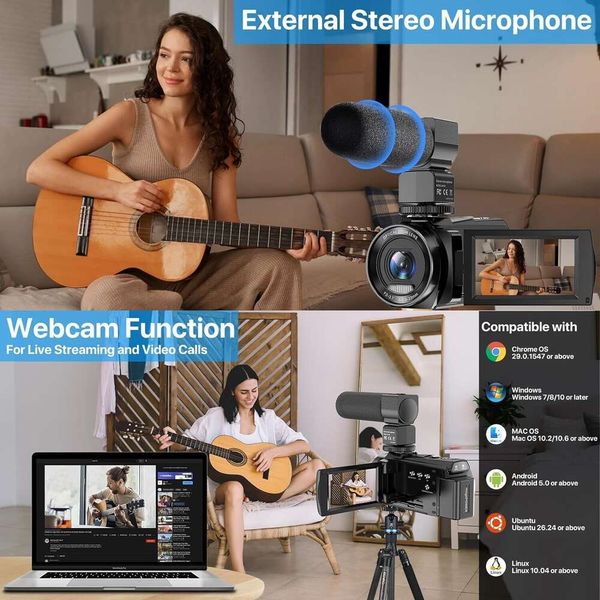 Videocamera 5K con fotocamera per vlogging da 48 MP per YouTube, zoom digitale ottico 3X, microfono, stabilizzatore, telecomando - Perfetta per fotografie e vlog