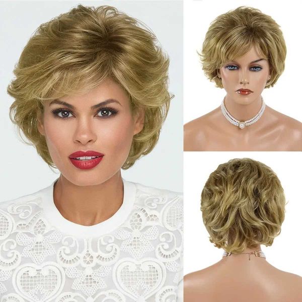 Nxy Vhair Wigs Gnimegil Parrucca sintetica bionda corta con taglio pixie per capelli da festa per donne Stile onda riccia naturale Mamma elegante con frangia 240330