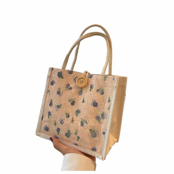 Spitze Blumendruck Handtasche Lässige Tuch Quadratische Form Mittagessen Tasche Einkaufstasche T4F6 #