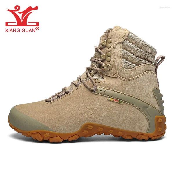 Sapatos de fitness xiang guan caminhadas botas das mulheres dos homens à prova dwaterproof água montanha vaca couro arenoso preto alta ao ar livre tático exército escalada trekking