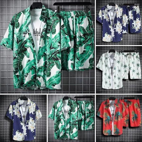 Tute da uomo con stampa di foglie tropicali, camicia stile hawaiano, set di pantaloncini con elastico monopetto per uomo