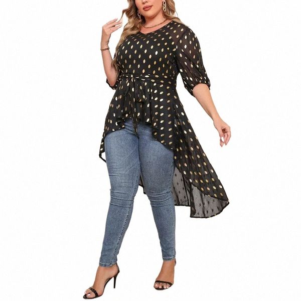 Plus Size Gold Dot Stamp Belted Blusa Mulheres Verão V Neck Meia Manga Alta Baixa Tops Feminino Casual Street Slim Blusas r6PV #