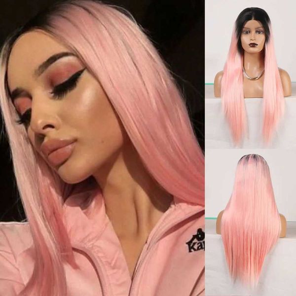 Nxy vhair peruklar rongduoyi ombre pembe uzun düz doğal saç orta parça ısıya dayanıklı sentetik dantel ön peruk siyah kadınlar cosplay kullanma 240330