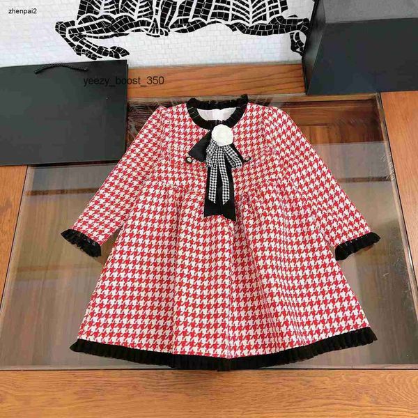 Burberrlies vestido de luxo para meninas outono manga comprida vestido infantil tamanho 110-160 broche de flor tridimensional saia infantil out25