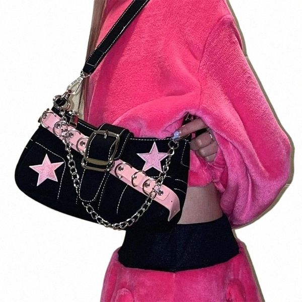 Star Pattern Y2K Hot Girl Chain Bolsas de Ombro para Mulheres Preto Rosa Bolsa Designer de Luxo Grunge Bag Gothic Motor Style Sling O3YX #