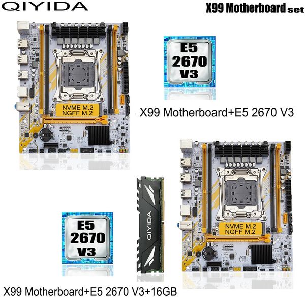 Qiyida x99 conjunto placa-mãe lga2011 3 kit com processador cpu xeon e5 2670 v3 e 16gb ddr4 memória ram nvme m2 d4 240326