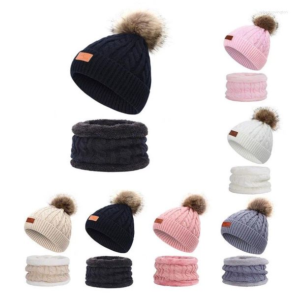 Berets crianças outono/inverno hairball boné cachecol conjunto bebê engrossado malha pescoço capa de duas peças para meninos e meninas