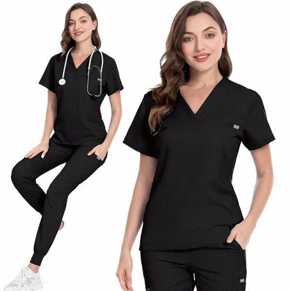 Schwarze Arbeitsuniform Frauen Schönheit SPA Uniform Haustierklinik Tierarzt Arbeitskleidung Zahnmedizin Arbeitskleidung Hochwertige medizinische Peeling-Set Unisex X44l #