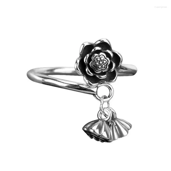 Cluster Ringe Punk Vintage Silber Farbe Offene Einstellbare Thai Quaste Lotus Blume Manschette Nette Religion Frauen Ring Party Schmuck