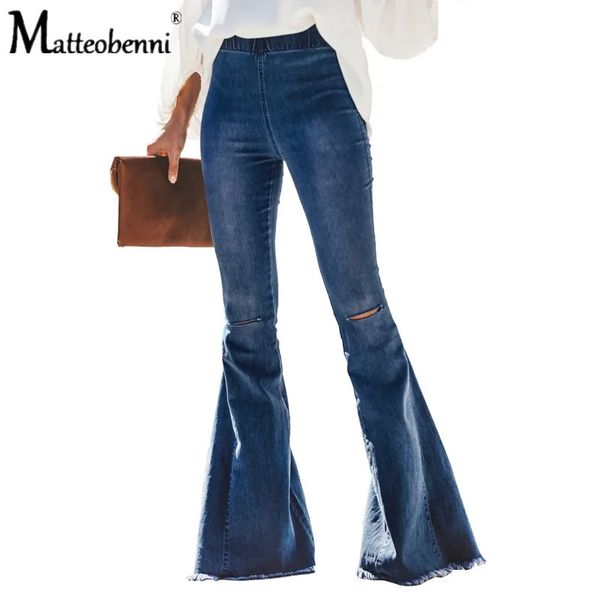 Модные расклешенные джинсы с высокой талией для женщин, рваные узкие широкие джинсовые брюки до колена, женские повседневные черные эластичные джинсы 240318