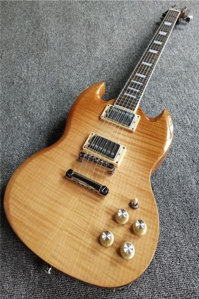 Promoção Double Cutaway Light Brown Âmbar Figurado Maple Top SG Guitarra Elétrica Natural Mogno Corpo Laranja Switch Cover Chrom4550895