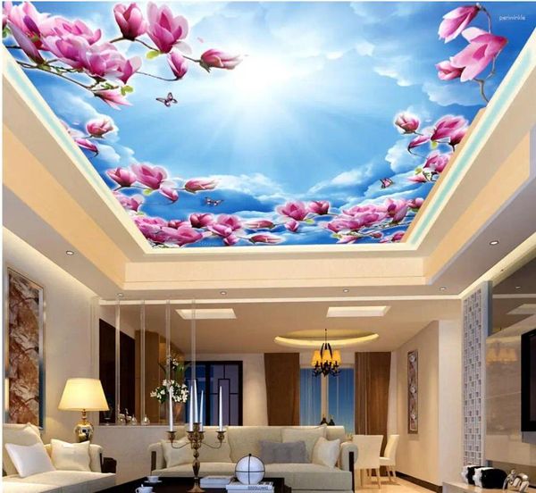 Sfondi Murales per soffitto 3D Carta da parati personalizzata Po Cielo blu Nuvole bianche Decorazione murale con magnolia rossa