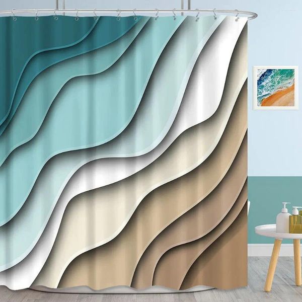 Cortinas de chuveiro modernas abstratas geométricas cortina marrom azul ciano listrado homens decoração de parede de banheiro com gancho tela de poliéster à prova d'água