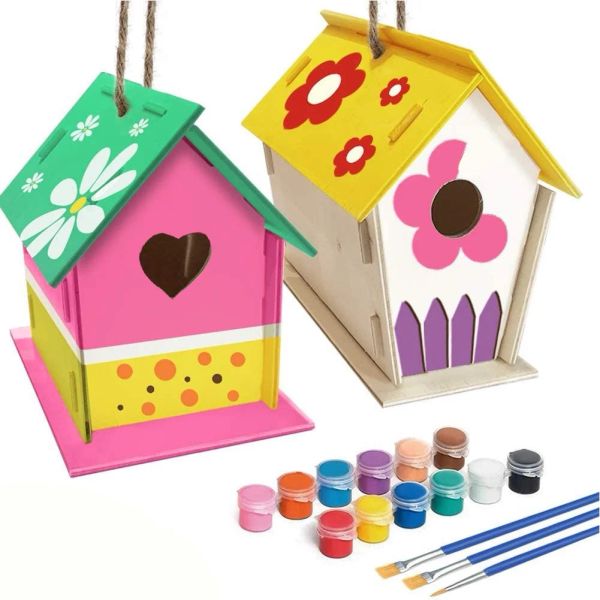 El sanatları 2pcs diy boyama kuş evi kit kuş evi yuva el sanatları çocuklar için el yapımı ahşap bina boya kenevir ipi çocuk hediyesi childrentoy