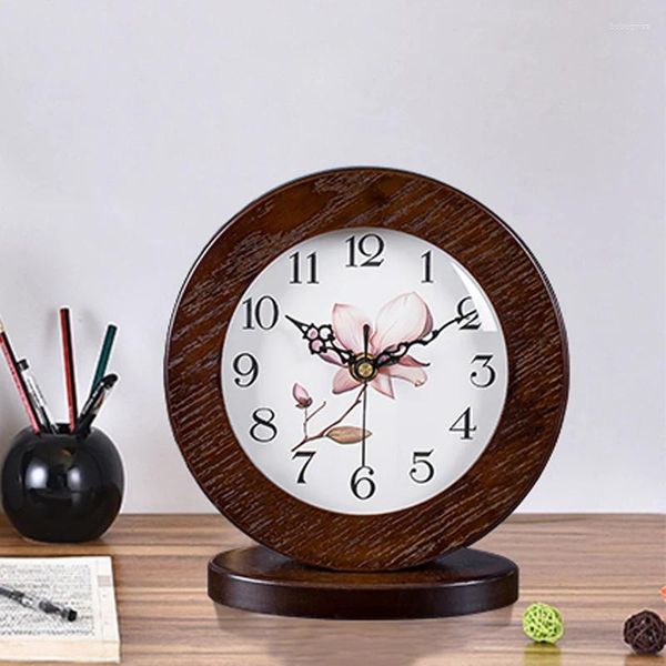 Tischuhren Europäische runde Retro-Uhr Holz Büro Wohnzimmer Schlafzimmer Quarz Holz Schreibtisch Home Dekoration Uhr