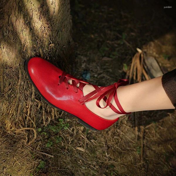 Sapatos casuais Phoentin Red Ankle Strap Ballets Flats Mulheres Couro Genuíno Dois Desgaste Salto Baixo 2024 Primavera Redondo Toe Party Bombas FT3165